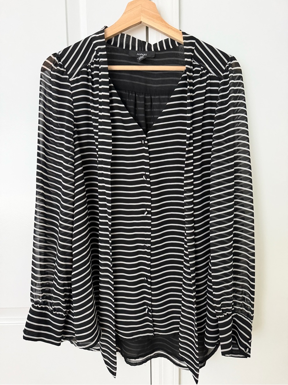 Alfani Black & White Striped Sheer Button-Front Blouse | Size 12